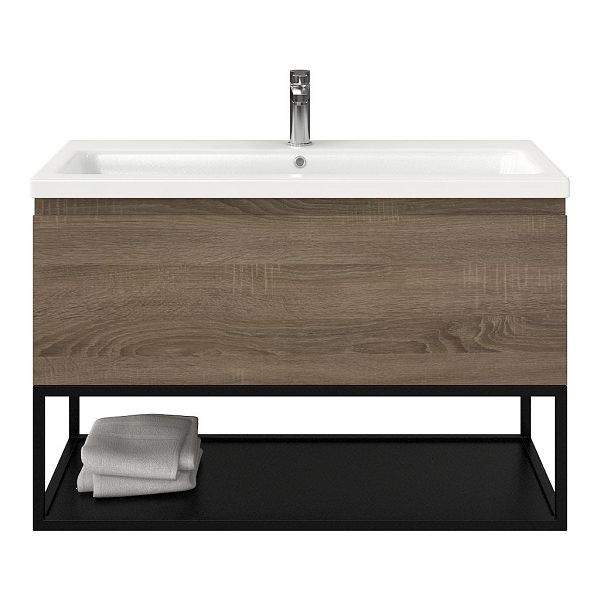 Domburg badmeubel 100 cm eiken donker met keramische Dishoek wastafel wit glans, 1 kraangat