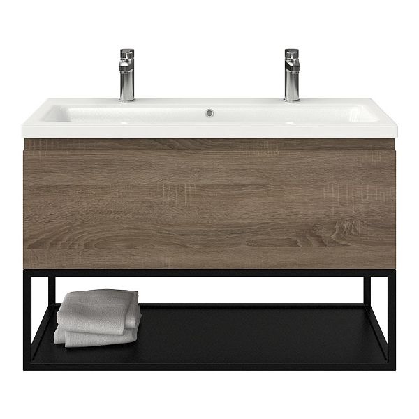 Domburg badmeubel 100 cm eiken donker met keramische Dishoek wastafel wit glans, 2 kraangaten