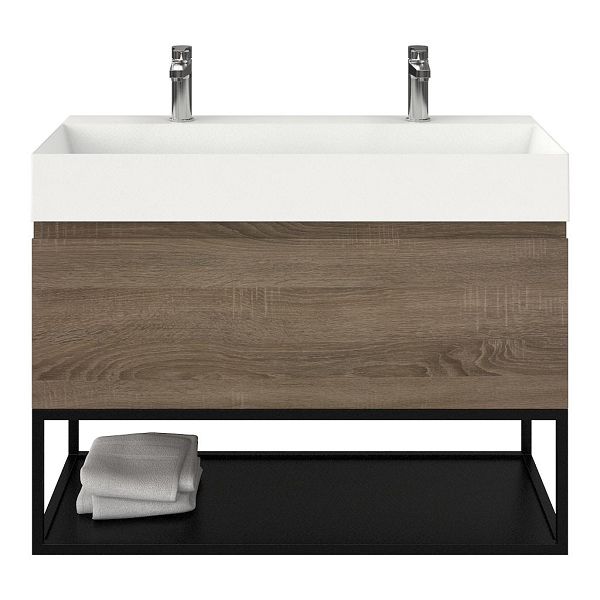 Domburg badmeubel 100 cm eiken donker met keramische Marken wastafel wit mat, 2 kraangaten