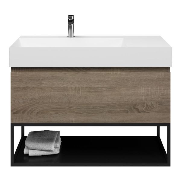 Domburg badmeubel 100 cm eiken donker met keramische Marken wastafel links wit glans, 1 kraangat