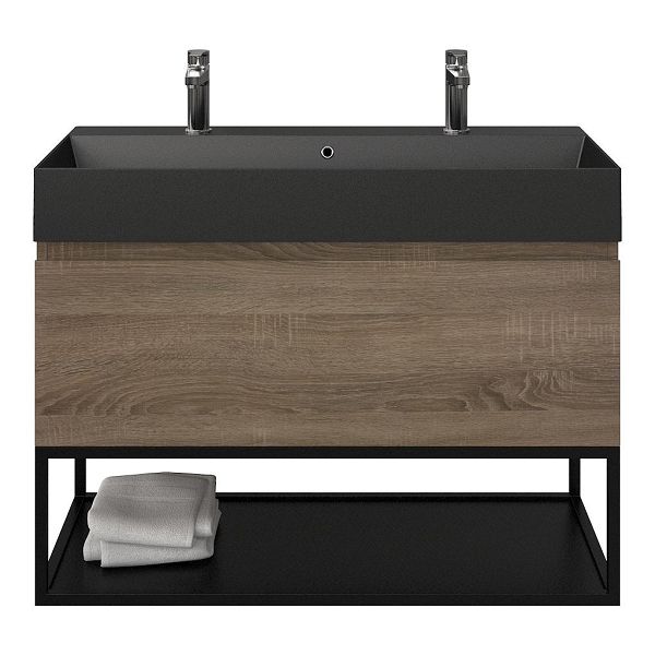 Domburg badmeubel 100 cm eiken donker met keramische Marken wastafel zwart mat, 2 kraangaten