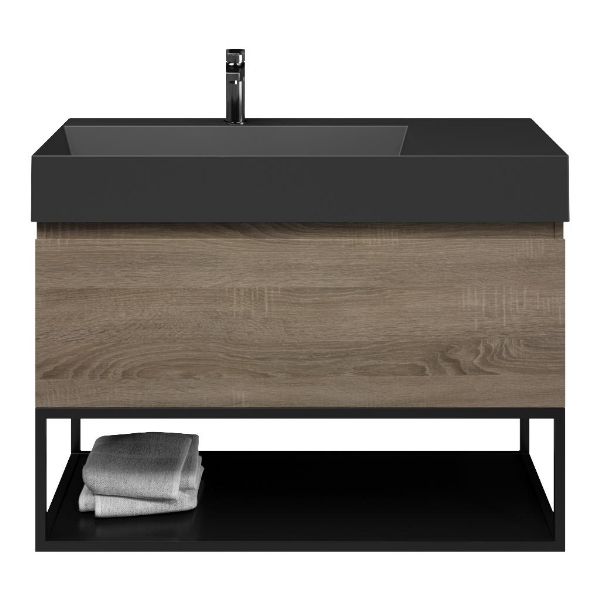 Domburg badmeubel 100 cm eiken donker met keramische Marken wastafel links zwart mat, 1 kraangat