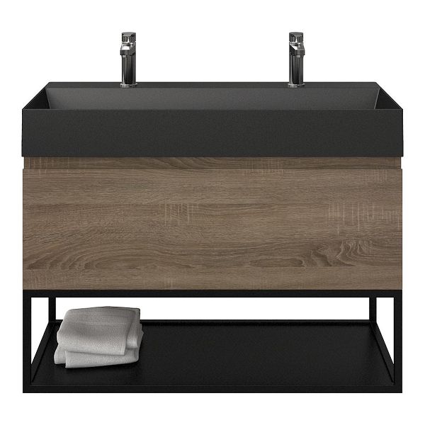 Domburg badmeubel 100 cm eiken donker met keramische Marken wastafel zwart mat, 2 kraangaten
