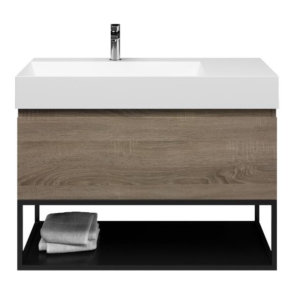 Domburg badmeubel 100 cm eiken donker met keramische Marken wastafel links wit mat, 1 kraangat