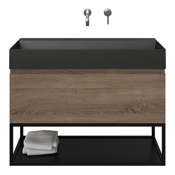 Domburg badmeubel 100 cm eiken donker met keramische Marken wastafel zwart mat, zonder kraangat