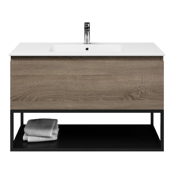 Domburg badmeubel 100 cm eiken donker met keramische Quadra wastafel wit glans