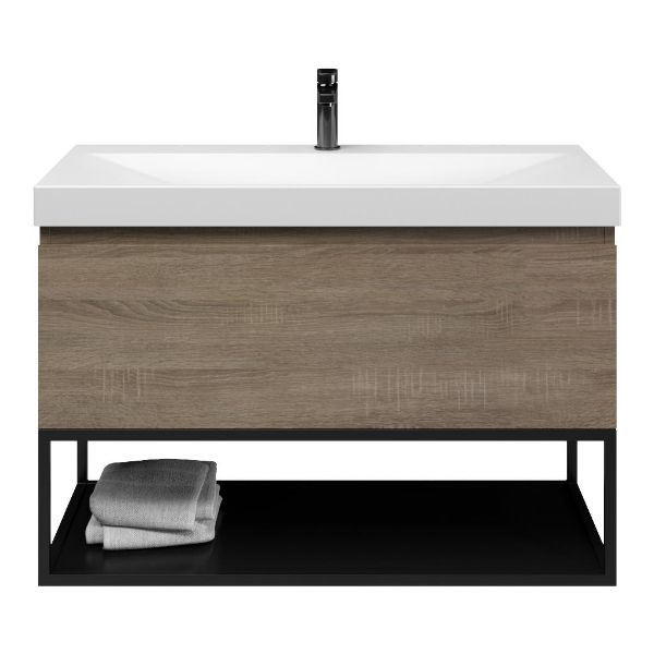 Domburg badmeubel 100 cm eiken donker met keramische Rockanje wastafel wit mat, 1 kraangat