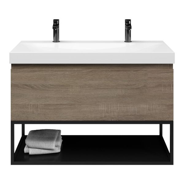 Domburg badmeubel 100 cm eiken donker met keramische Rockanje wastafel wit glans, 2 kraangaten