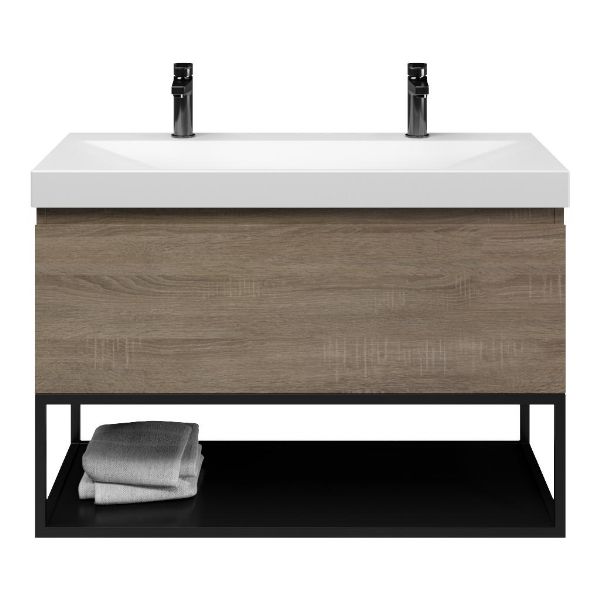 Domburg badmeubel 100 cm eiken donker met keramische Rockanje wastafel wit mat, 2 kraangaten
