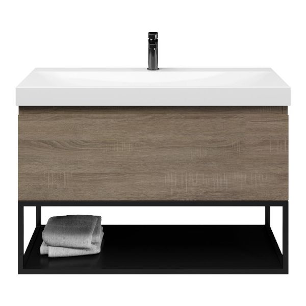 Domburg badmeubel 100 cm eiken donker met keramische Rockanje wastafel wit glans, 1 kraangat