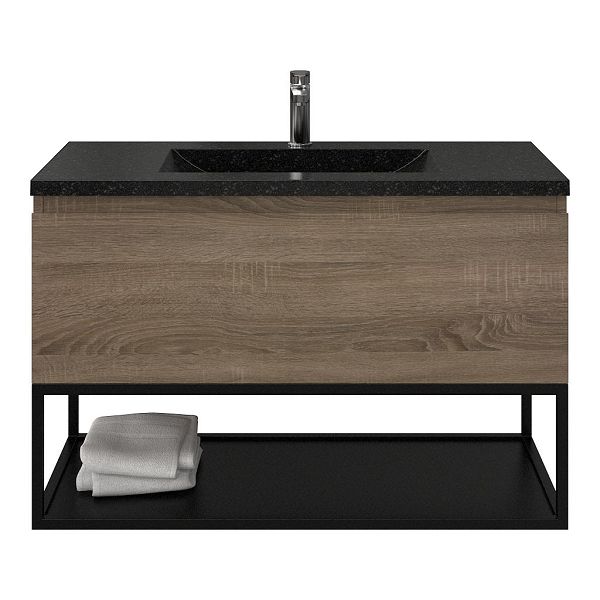 Domburg badmeubel 100 cm eiken donker met natuurstenen Huisduinen Stone wastafel blue stone