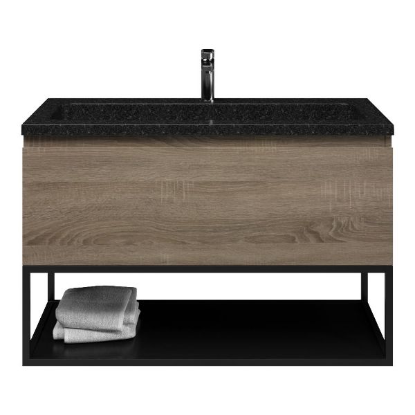 Domburg badmeubel 100 cm eiken donker met natuurstenen Square wastafel shanxi black