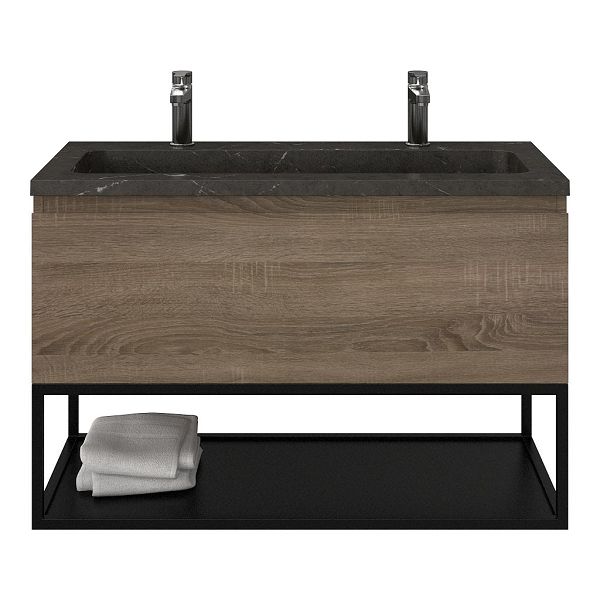 Domburg badmeubel 100 cm eiken donker met natuurstenen Square wastafel blue stone, 2 kraangaten