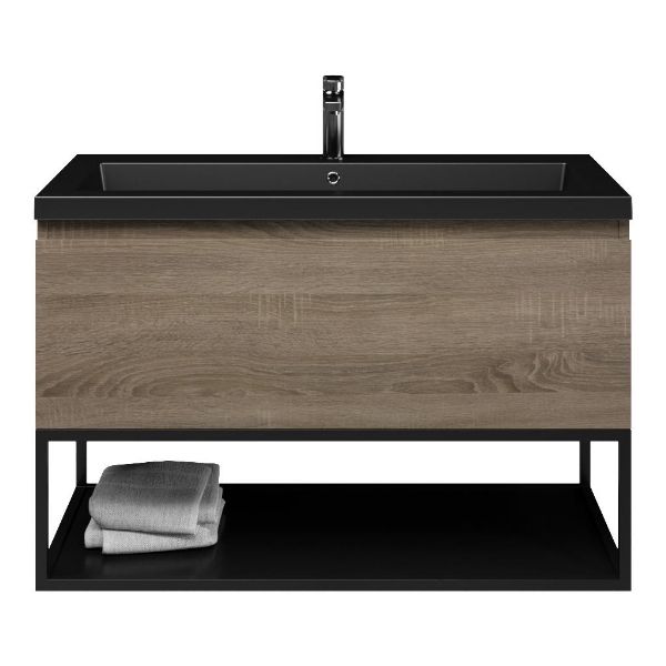 Domburg badmeubel 100 cm eiken donker met polystone Cadzand wastafel zwart mat, 1 kraangat