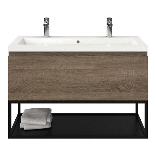 Domburg badmeubel 100 cm eiken donker met polystone Cadzand wastafel wit glans, 2 kraangaten, mat zwart metalen frame, 66 cm hoog