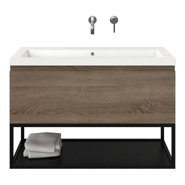 Domburg badmeubel 100 cm eiken donker met polystone Cadzand wastafel wit glans, zonder kraangat, 66 cm hoog