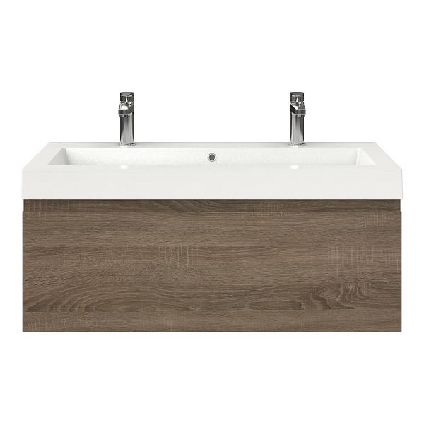 Domburg badmeubel 100 cm eiken donker met polystone Cadzand wastafel wit glans, 2 kraangaten