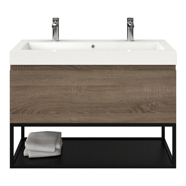 Domburg badmeubel 100 cm eiken donker met polystone Cadzand wastafel wit glans, 2 kraangaten, mat zwart metalen frame, 70 cm hoog