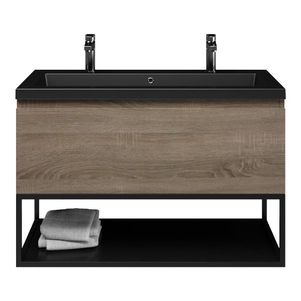 Domburg badmeubel 100 cm eiken donker met polystone Cadzand wastafel zwart mat, 2 kraangaten