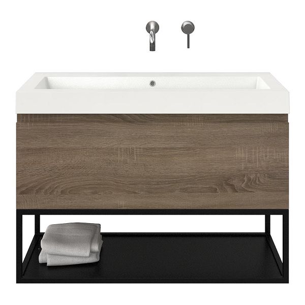 Domburg badmeubel 100 cm eiken donker met polystone Cadzand wastafel wit glans, zonder kraangat, 70 cm hoog