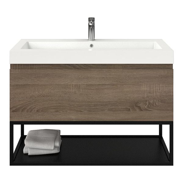 Domburg badmeubel 100 cm eiken donker met polystone Cadzand wastafel wit glans, 1 kraangat, 70 cm hoog