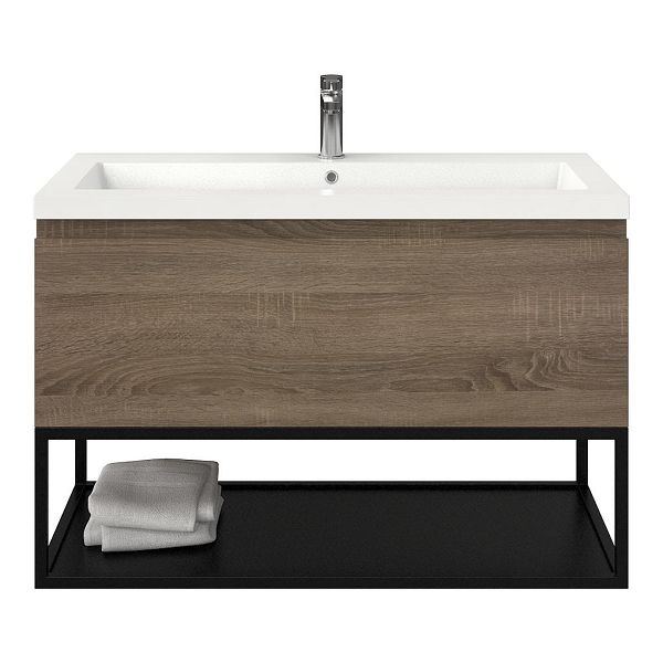 Domburg badmeubel 100 cm eiken donker met polystone Cadzand wastafel wit glans, 1 kraangat, 66 cm hoog