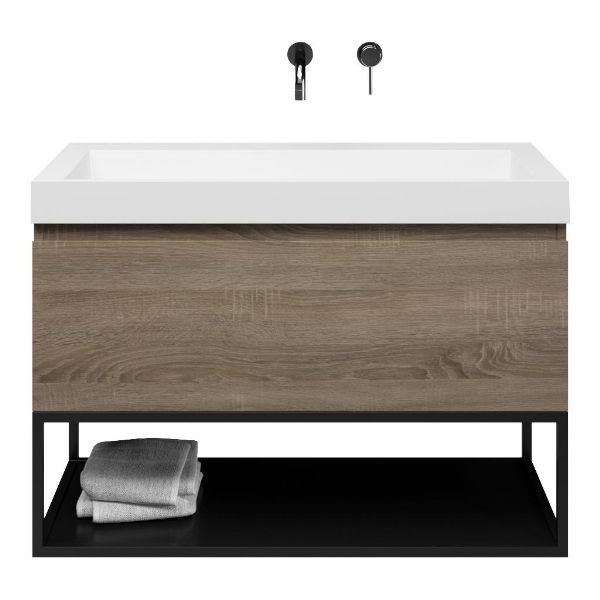 Domburg badmeubel 100 cm eiken donker met polystone Haamstede wastafel wit glans, zonder kraangat