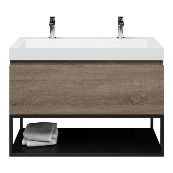 Domburg badmeubel 100 cm eiken donker met polystone Haamstede wastafel wit glans, 2 kraangaten