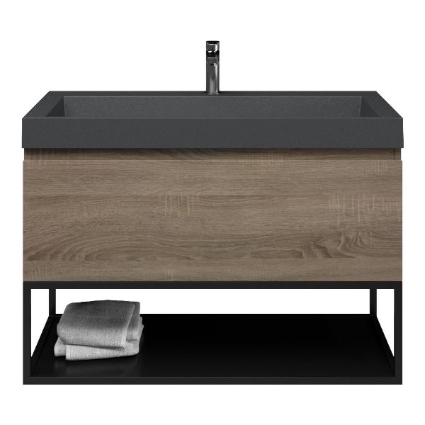 Domburg badmeubel 100 cm eiken donker met polystone Haamstede wastafel grijs mat, 1 kraangat