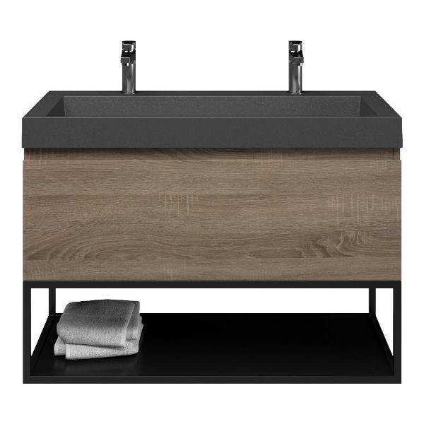 Domburg badmeubel 100 cm eiken donker met polystone Haamstede wastafel grijs mat, 2 kraangaten
