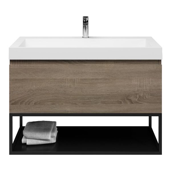 Domburg badmeubel 100 cm eiken donker met polystone Haamstede wastafel wit glans, 1 kraangat