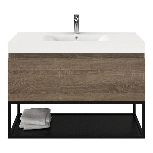 Domburg badmeubel 100 cm eiken donker met polystone Wave wastafel wit glans