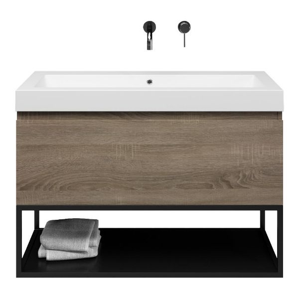 Domburg badmeubel 100 cm eiken donker met quartz Cadzand-Q wastafel wit mat, zonder kraangat
