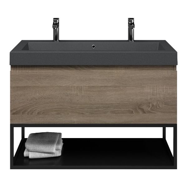 Domburg badmeubel 100 cm eiken donker met quartz Cadzand-Q wastafel grijs mat, 2 kraangaten