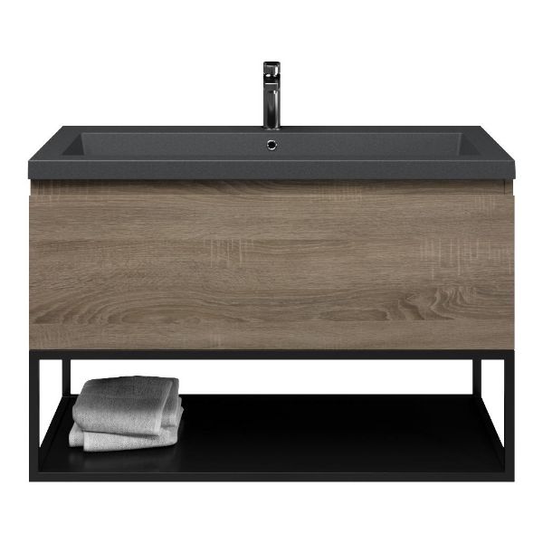 Domburg badmeubel 100 cm eiken donker met quartz Cadzand-Q wastafel grijs mat, 1 kraangat, mat zwart metalen frame