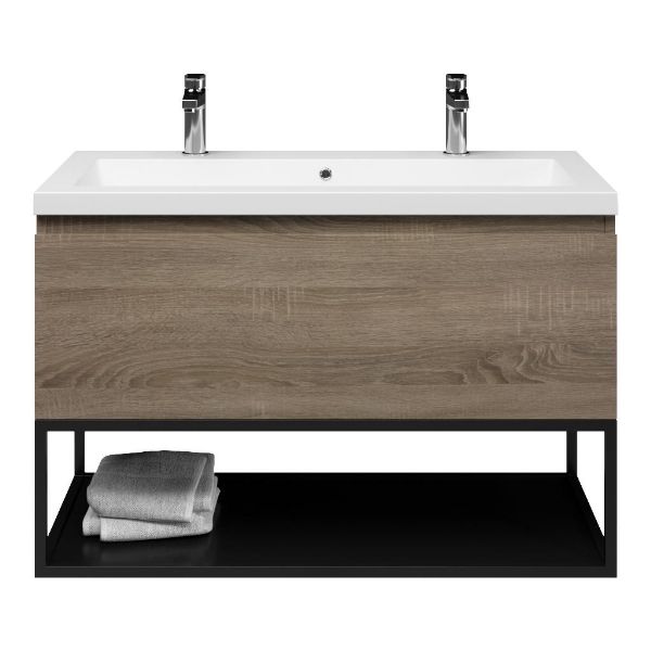 Domburg badmeubel 100 cm eiken donker met quartz Cadzand-Q wastafel wit mat, 2 kraangaten