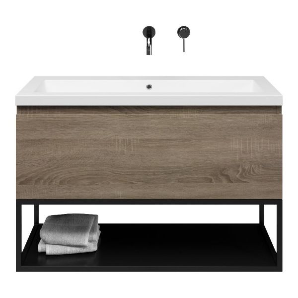 Domburg badmeubel 100 cm eiken donker met quartz Cadzand-Q wastafel wit mat, zonder kraangat