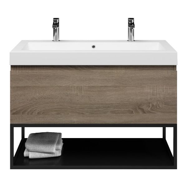 Domburg badmeubel 100 cm eiken donker met quartz Cadzand-Q wastafel wit mat, 2 kraangaten