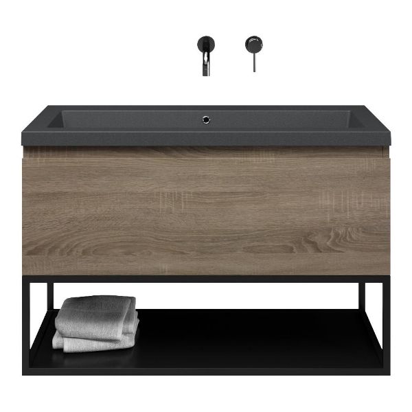 Domburg badmeubel 100 cm eiken donker met quartz Cadzand-Q wastafel grijs mat, zonder kraangat