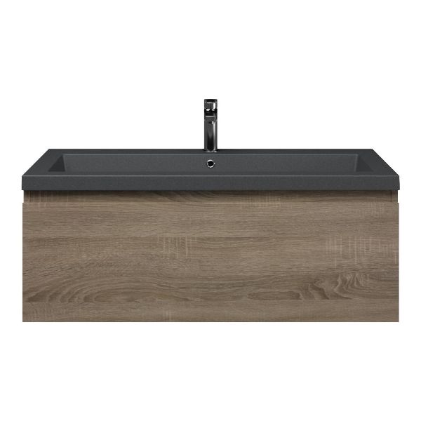 Domburg badmeubel 100 cm eiken donker met quartz Cadzand-Q wastafel grijs mat, 1 kraangat