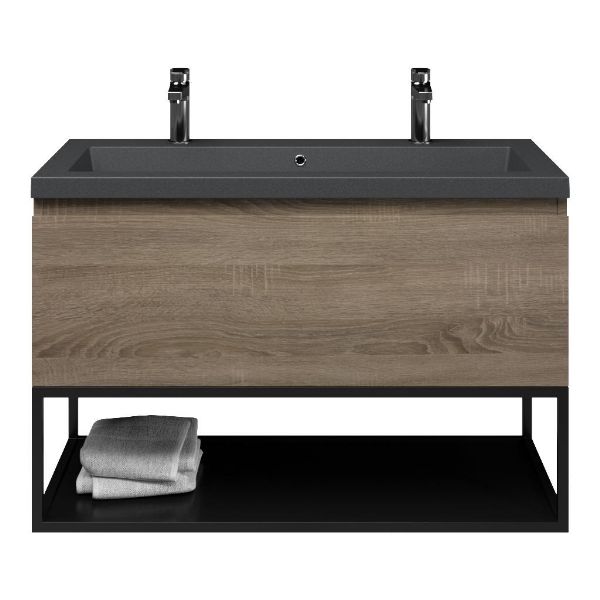 Domburg badmeubel 100 cm eiken donker met quartz Cadzand-Q wastafel grijs mat, 2 kraangaten