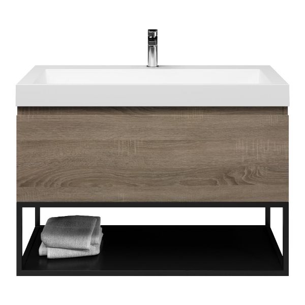 Domburg badmeubel 100 cm eiken donker met quartz Haamstede-q wastafel wit mat