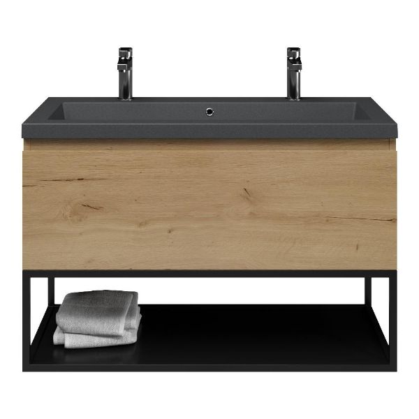 Domburg badmeubel 100 cm eiken natuur met quartz Cadzand-Q wastafel grijs mat, 2 kraangaten