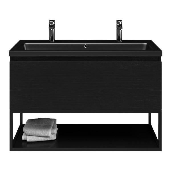 Domburg badmeubel 100 cm mat zwart eiken met keramische Dishoek wastafel zwart mat, 2 kraangaten