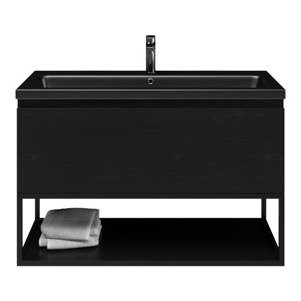 Domburg badmeubel 100 cm mat zwart eiken met keramische Dishoek wastafel zwart mat, 1 kraangat