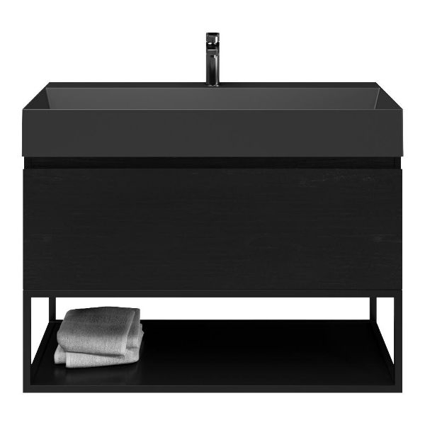 Domburg badmeubel 100 cm mat zwart eiken met keramische Marken wastafel zwart mat, 1 kraangat