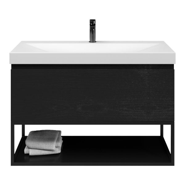 Domburg badmeubel 100 cm mat zwart eiken met keramische Rockanje wastafel wit mat, 1 kraangat