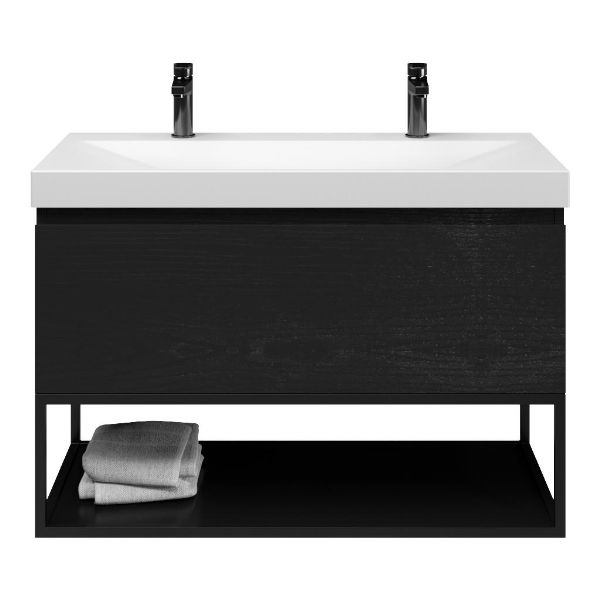 Domburg badmeubel 100 cm mat zwart eiken met keramische Rockanje wastafel wit mat, 2 kraangaten