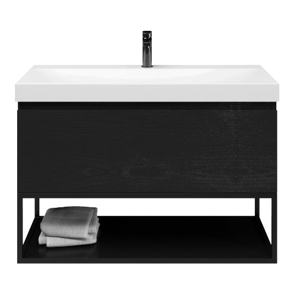 Domburg badmeubel 100 cm mat zwart eiken met keramische Rockanje wastafel wit glans, 1 kraangat