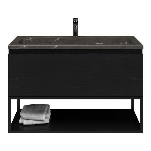 Domburg badmeubel 100 cm mat zwart eiken met natuurstenen Square wastafel blue stone, 1 kraangat